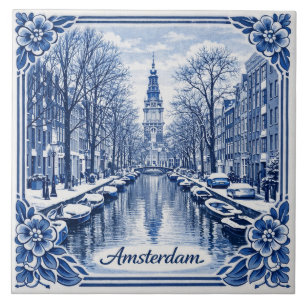 carreau de style Delft Blue représentant un canal