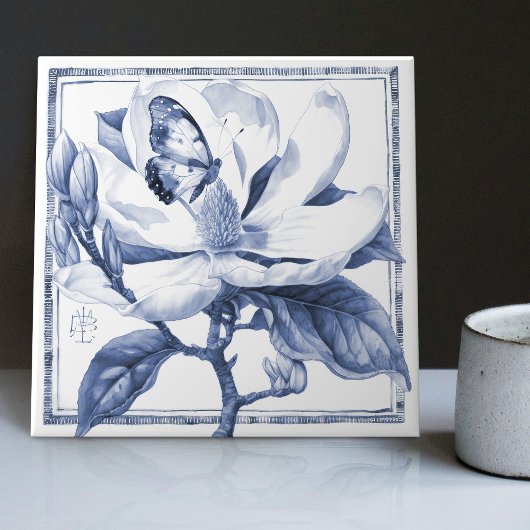 Carreau Décor bleu Magnolia Art Nouveau Aquarelle