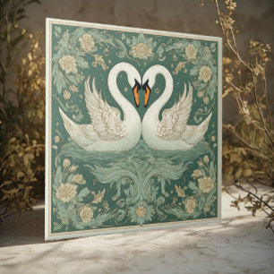 Carreau Décor de lac avec couple de cygnes Art Nouveau