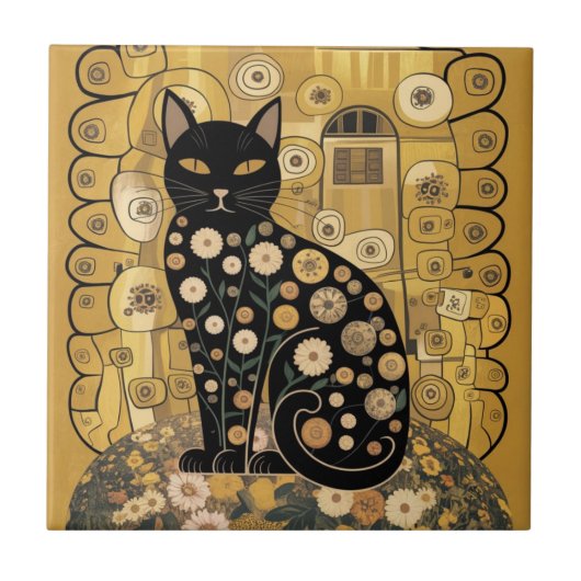 Carreau Décor doré Gustav Klimt Style Chat Noir Art (Devant)