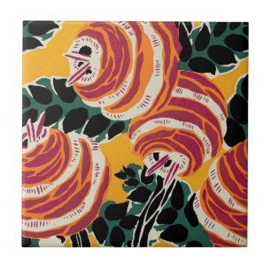 Carreau Décor floral Art déco jaune moutarde et orange