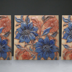 Carreau Décor floral bleu marine brûlé orange
