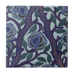 Carreau Décor floral de rose Art déco bleu royal et or