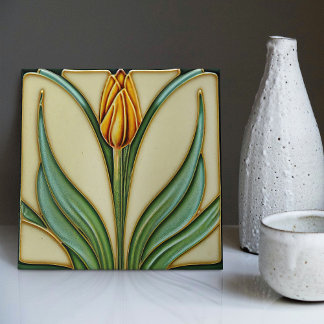 Carreau Décor Mur Tulipe Orange Art Nouveau Art Déco