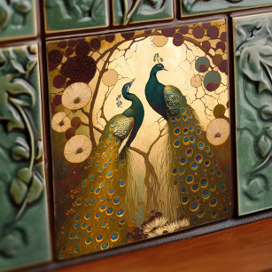 Carreau Décor Peacock Klimt Gold Green Wall Art Nouveau