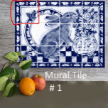 Carreau Dedham Bleu Blanc Lapin Lapin Tuile Mural # 1<br><div class="desc">C'est le carreau # 1 d'une murale en céramique à douze carreaux, avec un lapin lapin mignon et un vase plein de marguerites. Les tons bleu marine foncé et blanc sont accentués par un glaçage craquelé. Des lapins et des carottes bordent le design. Inspiré par la poterie Dedham antique, la...</div>
