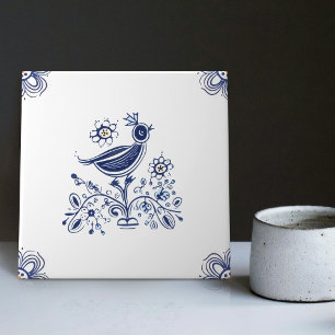 Carreau Delft Blue Dutch Style Fleurs d'oiseaux Indigo Cer