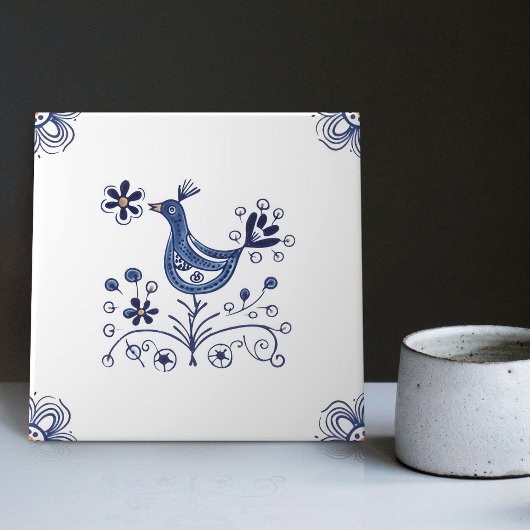 Carreau Delft Blue Dutch Style Fleurs d'oiseaux Indigo Cer