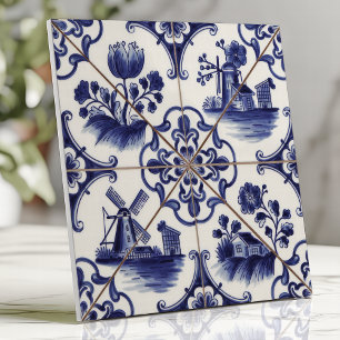Carreau Delftware traditionnel bleu floral et moulin à ven