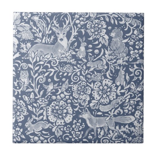 Carreau Denim Blue Woodland Forêt animale Deer Rabbit (Devant)