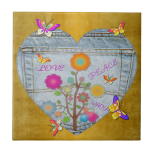 Carreau Denim Pocket Heart Flowers Papillons sur Or