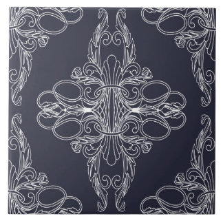 Carreau Design de luxe, motif floral, bleu marine, blanc