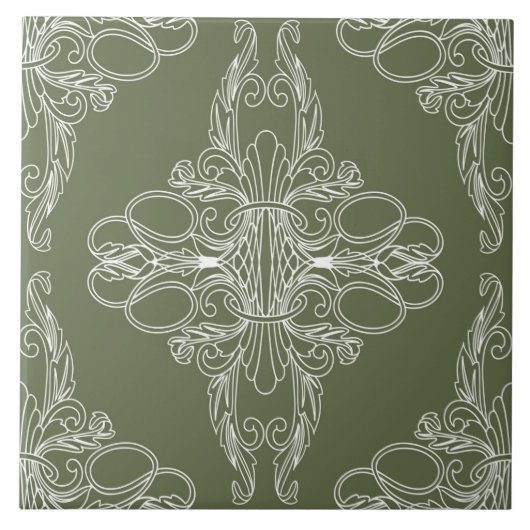 Carreau Design de luxe, motif floral, vert olive, blanc (Devant)