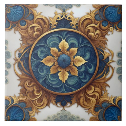 Carreau Design floral complexe en bleu et or (Devant)