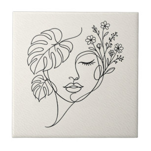 Carreau Dessin au trait du visage floral Monstera