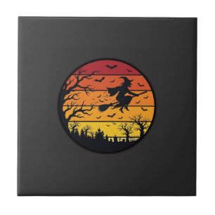 Carreau Dessin de cercle rétro silhouette de sorcière au c
