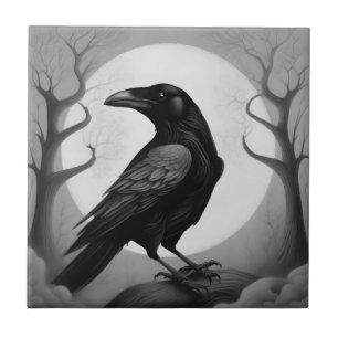 Carreau Dessin d'un corbeau sur fond noir et blanc