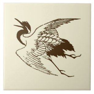 Carreau Dessin japonais vintage d'une grue, marron
