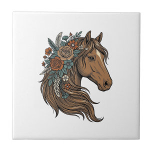 Carreau Dessin vectoriel de tête de cheval floral vintage_