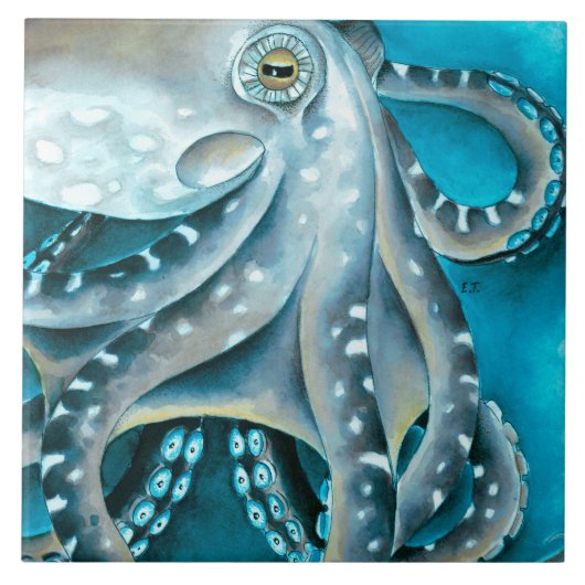 Carreau Détails de l'aquarelle bleue octopus (Devant)