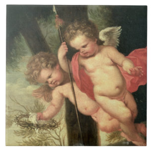 Carreau Deux anges volants, jugeant la couronne des épine