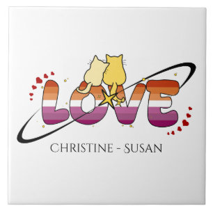 Carreau Deux chats amoureux Drapeau lesbien coucher de sol