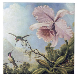 Carreau Deux colibris et orchidée rose vintage