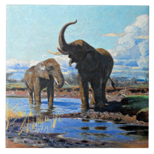 Carreau Deux éléphants d'Afrique au point d'eau