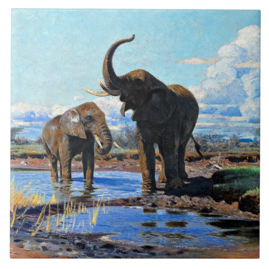 Carreau Deux éléphants d'Afrique au point d'eau (Devant)