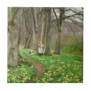 Carreau Deux filles cueillant des fleurs dans la forêt de