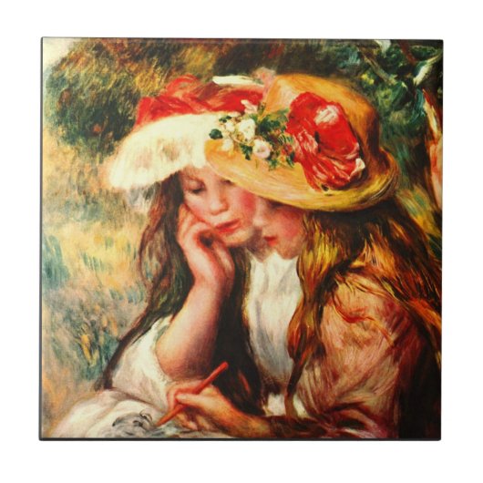 Carreau Deux filles de lecture dans un jardin par Pierre (Devant)