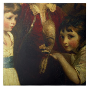 Carreau Deux filles, on jouant avec un masque, détail de