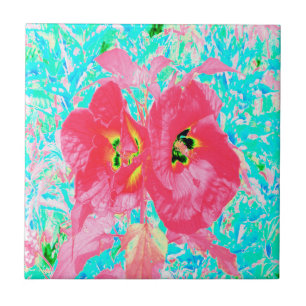 Carreau Deux Hibiscus Crazy Corail Rouge Rosé sur Aqua