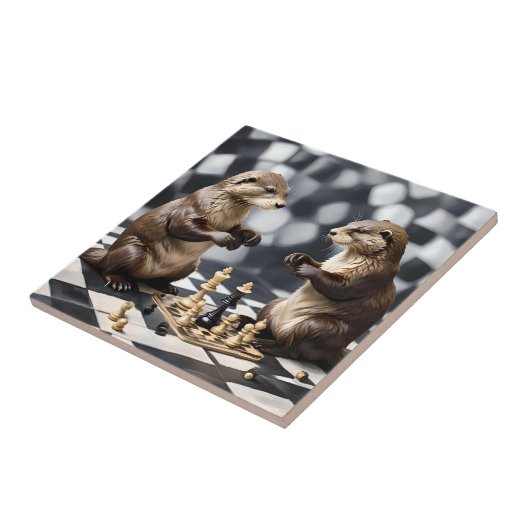 Carreau Deux Otters Jouant Aux Échecs, (Côté)