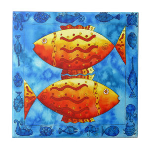 Carreau Deux poissons rouges aquarelle vie marine sous-mar