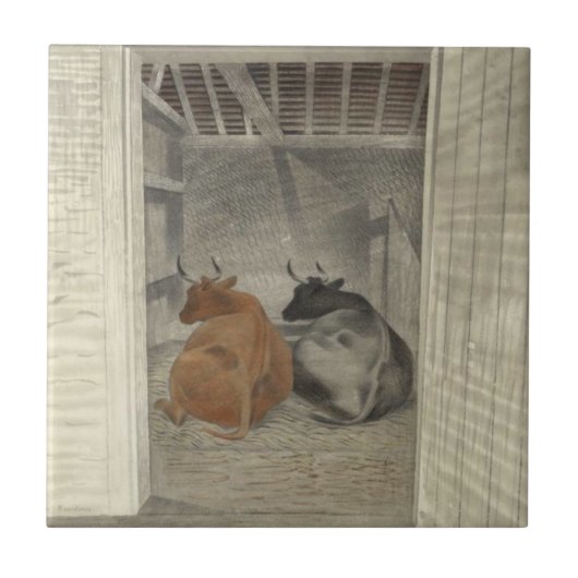 Carreau Deux vaches dans une stabilité (par Eric Ravilious (Devant)