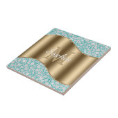 Carreau Diamants Glam sur sarcelle, monogramme doré, nom e (Côté)