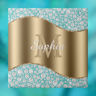 Carreau Diamants Glam sur sarcelle, monogramme doré, nom e