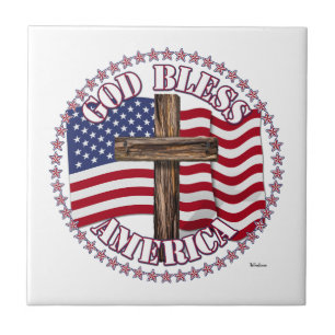 Carreau Dieu bénisse l'Amérique et croix avec drapeau USA