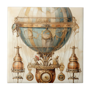 Carreau Dirigeable mécanique vintage Globe bleu sépia