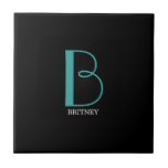 Carreau DIY Large Monogram & Name, Teal/White Text, Black<br><div class="desc">Personalize this stylish and simple text design with your name in white and your large monogram in Teal on black background.</div>