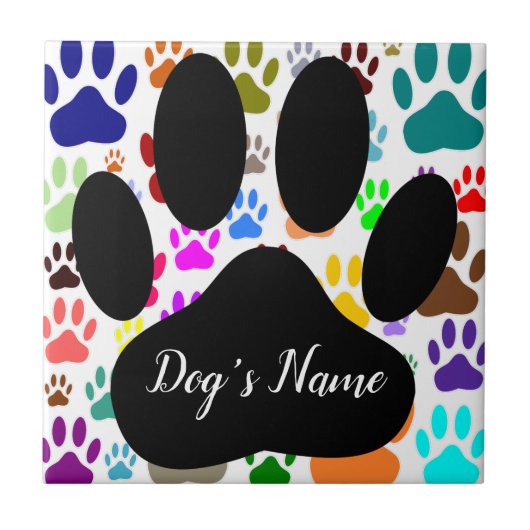 Carreau Dog Paw Pattern With Custom Name Ceramic Tile (Devant)
