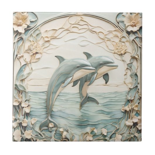 Carreau Dolphin Couple Art Nouveau Faux Relief Mint Bleu (Devant)