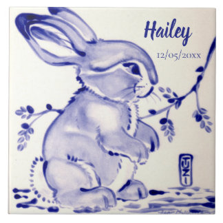 Carreau Doux Bleu & Blanc Bébé Tuile de lapin Personnalisé