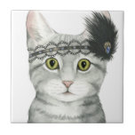 Carreau Downton Cat | Bejewted With Lace<br><div class="desc">Cette impression d'aquarelle présente un chat tabby orné de dentelle et de plumes| Par Grace Popp</div>