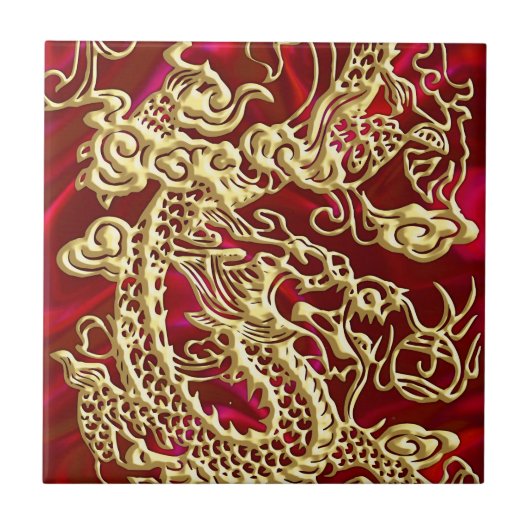 Carreau Dragon d'or embouti sur papier satin rouge (Devant)