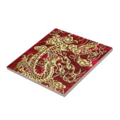 Carreau Dragon d'or embouti sur papier satin rouge (Côté)