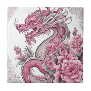 Carreau Dragon oriental et fleurs roses