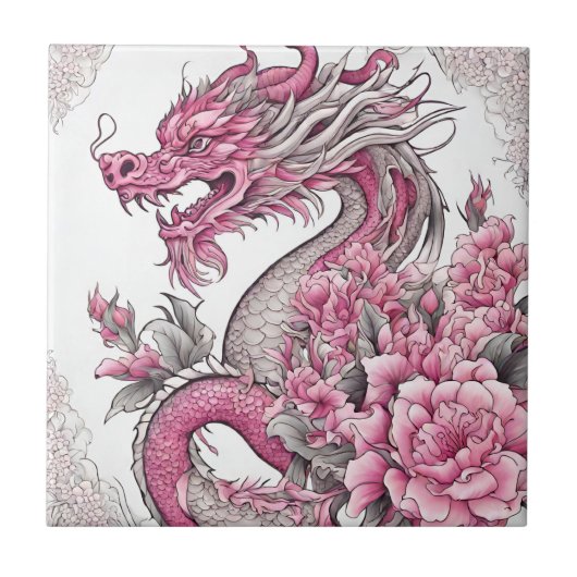 Carreau Dragon oriental et fleurs roses (Devant)