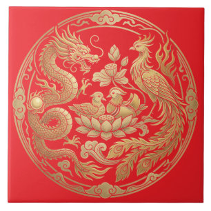 Carreau Dragon, Phénix & Canards en Or sur Fond Noir